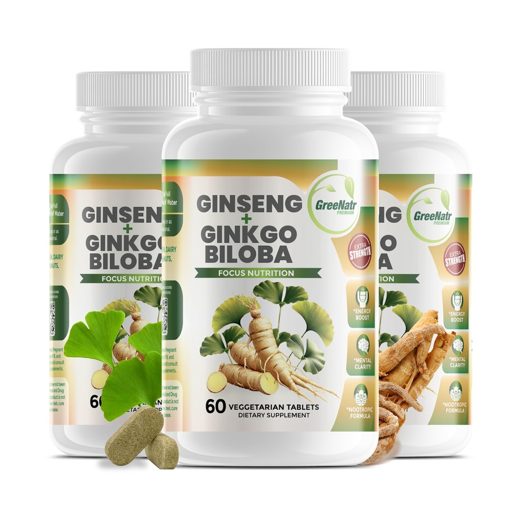 GreeNatr Ginko Biloba & Panax ženšenni lisand - punane ženšenni aju lisand mälule ja fookusele - Ginkgo Biloba lisandid hea nägemise, immuunsüsteemi ja parema verevoolu jaoks - 3 pudelit