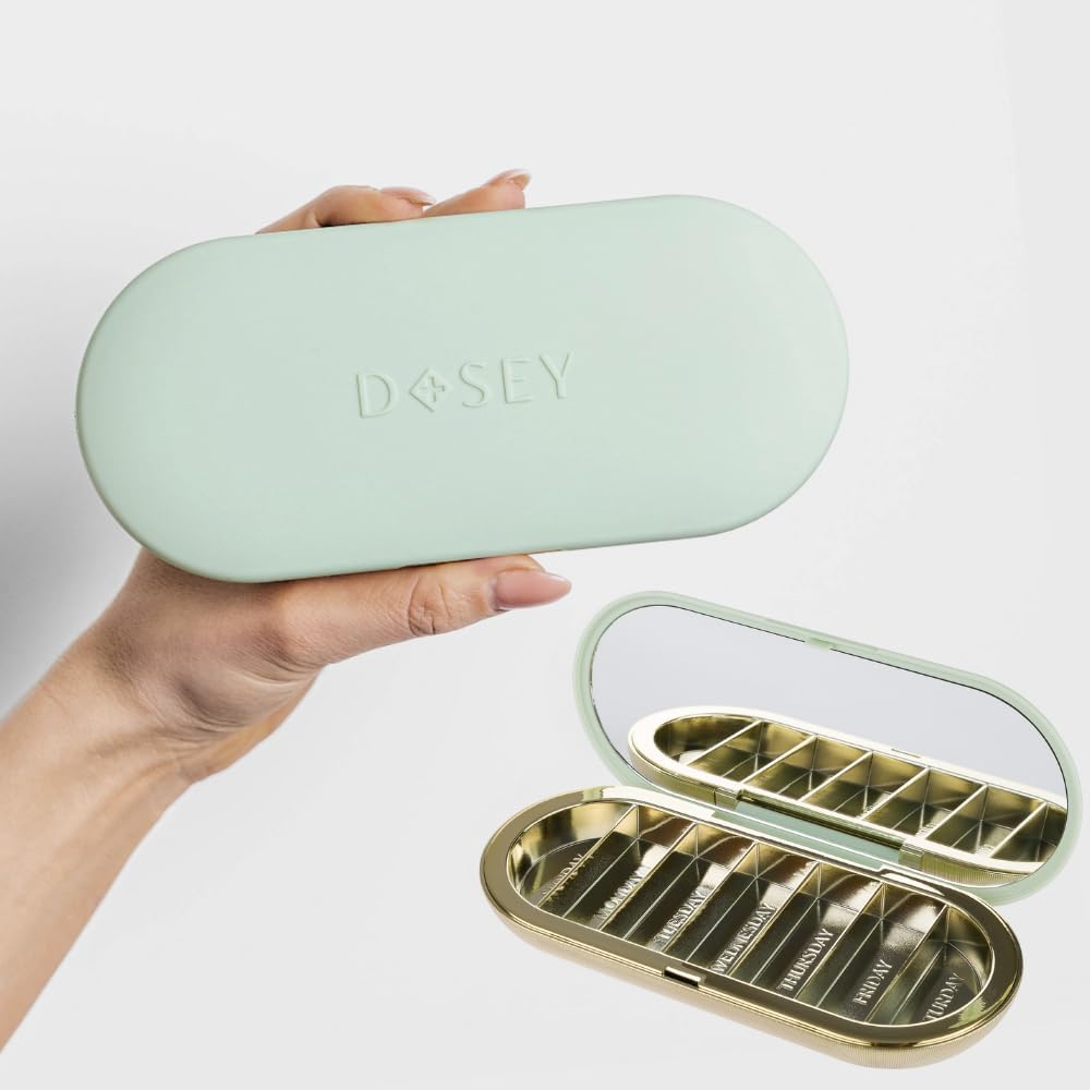 Dosey 7 Day Pill Compact Travel Pill Korraldaja - Pill Case 7 pillid Komparts for Medicine Storage & Protection - Stiilne ja elegantne Ravimite Korraldaja Peegel, Salvei
