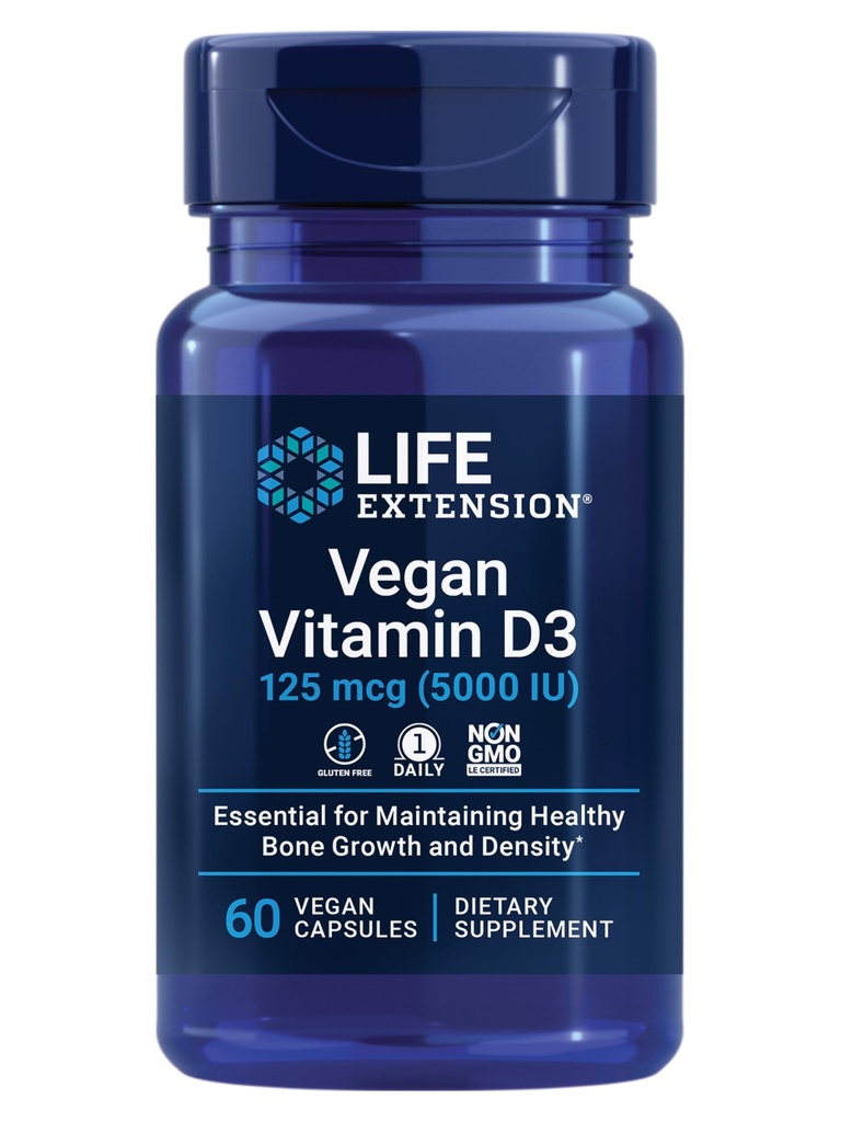 Elu pikendamine Vegan Vitamiin D3, 125 mcg (5000 RÜ), kolekaltsiferool vetikatest, kõrge tugevusega immuunsus, luu ja kogu keha tervis, gluteenivaba, mitte-GMO, 1 igapäevane, vegan, 60 vegankapslit