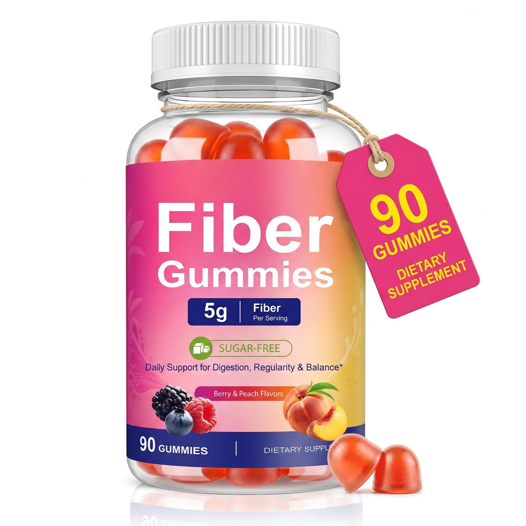 Prebiotic Fiber Gummies for Adults 90 Count, Sugar Free 5g Fiber Supplement | with B Vitamins for Digestive Health, Gut Health & Regularity Support, Mixed Berry & Peach Flavor, Non-GMO Vegan Gluten-Free