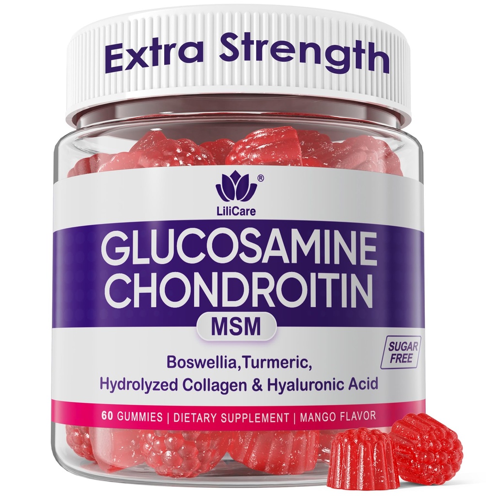 Glükoosamiin Kondroitiin Gummies, Suhkruvaba Glükoosamiin Kondroitiin MSM täiendus, ekstra tugevus Boswellia kurkum, hüdrolüüsitud kollageen ja hüaluroonhape, luu tervis meestele ja naistele, 60 Ct