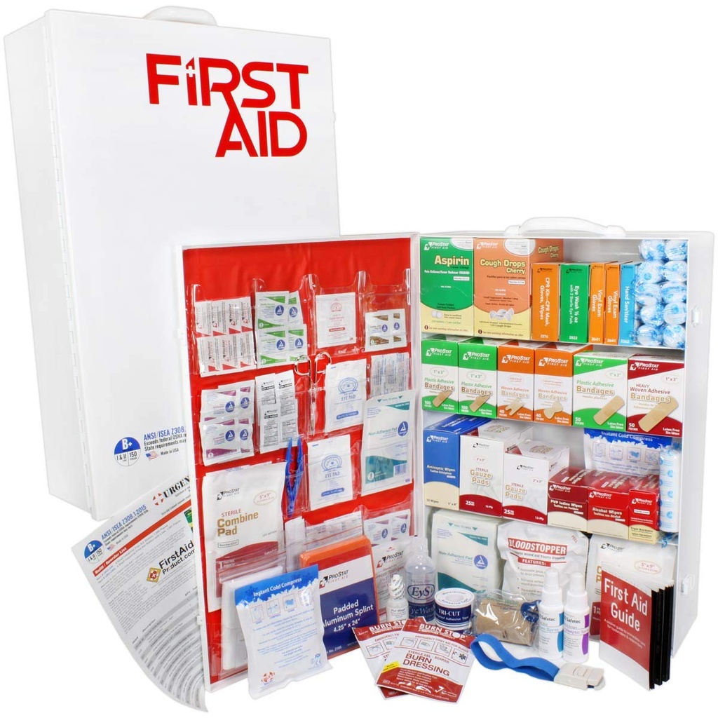 OSHA & ANSI 4 Shelf Industrial First Aid Cabinet with Pocket Liner, 150 Person, 1125 Pieces, Class B+, Types I & II, Made in USA by Urgent First Aid® with Extra Content & NEW ANSI First Aid Guide