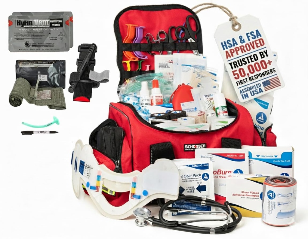 Scherber Fully-Stocked First Responder Bag | Professional EMT/EMS Trauma & Bleeding Medical Kit | HSA/FSA Approved | CAT Tourniquet, HyFin Chest Seal, Israeli Bandage & 250+ First Aid Supplies (Red)