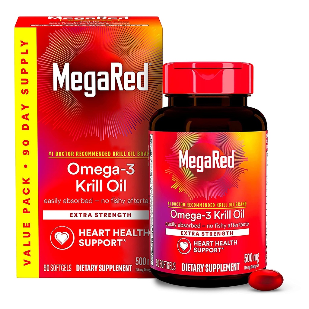 MegaRed Antarktika krillõli 500mg Omega 3 rasvhapete lisand, ekstra tugevus EPA & DHA krillõli softgelid (90cnt Box), Astaksantiin, südame tervise täiendus ilma kalaõli järelmaitseta