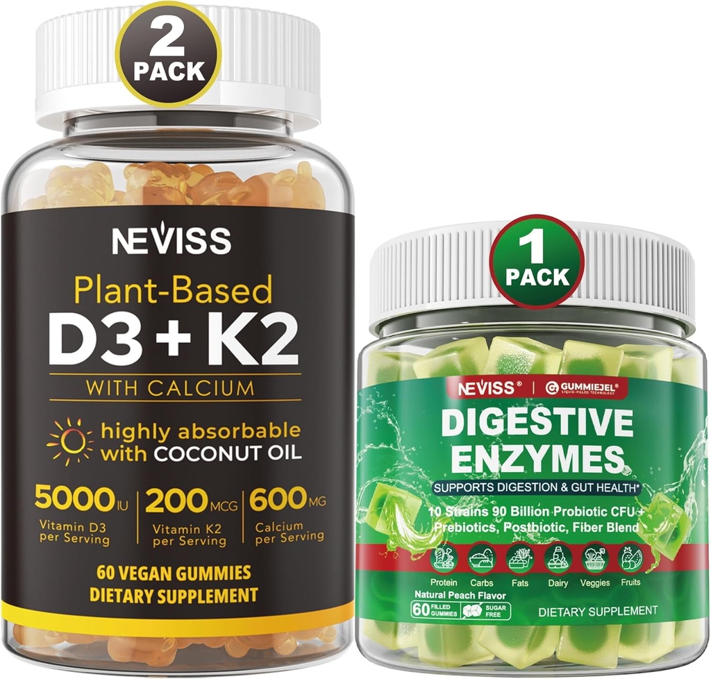 NEVISS Vitamiin D3 5000iu & K2, kaltsiumkummid ja seedeensüümid Kummid