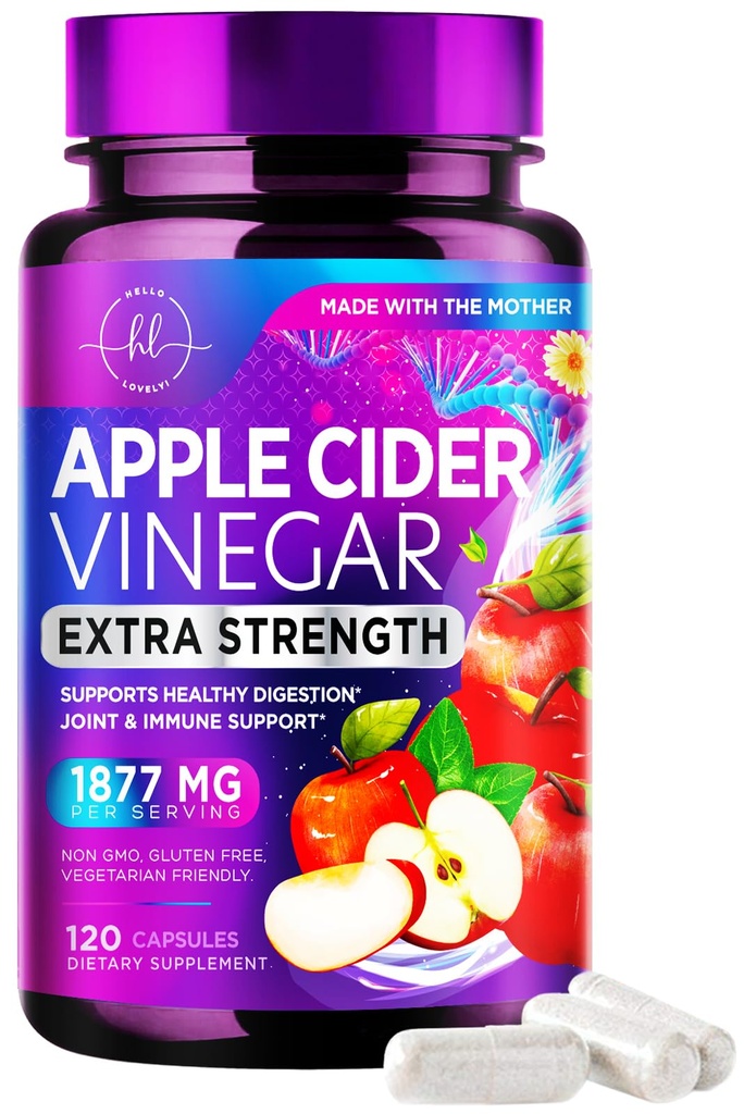 Õunasiidri äädikakapslid 1877mg - ekstra tugevus ACV Pillid vitamiin D3 ja tsink - Apple äädika pillid täiendada seedimist, energia ja immuunsuse toetamine, mitte-GMO, villitud USA - 120 kapslit