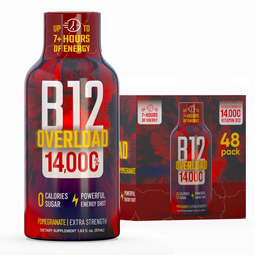 B12 Overload Extra Strength Energy Shot – Pomegranate – 260mg Caffeine, 14000% B12, Electrolytes – Energy & Vitality Support – Zero Sugar No Calories – Vegan, Kosher, Gluten-Free – 1.93 fl oz, 48-Pack