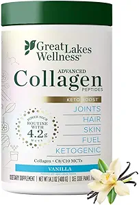 Great Lakes Wellness Keto Boost Advanced Collagen Peptides Pulber 4, 2 g MCT - Vanilla Maitsestatud - Toiteväärtuslikult rikkalik Mitte-Dairy Coffee Creamer või Smoothie Alt - Non-GMO, Kosher - 14, 1 oz