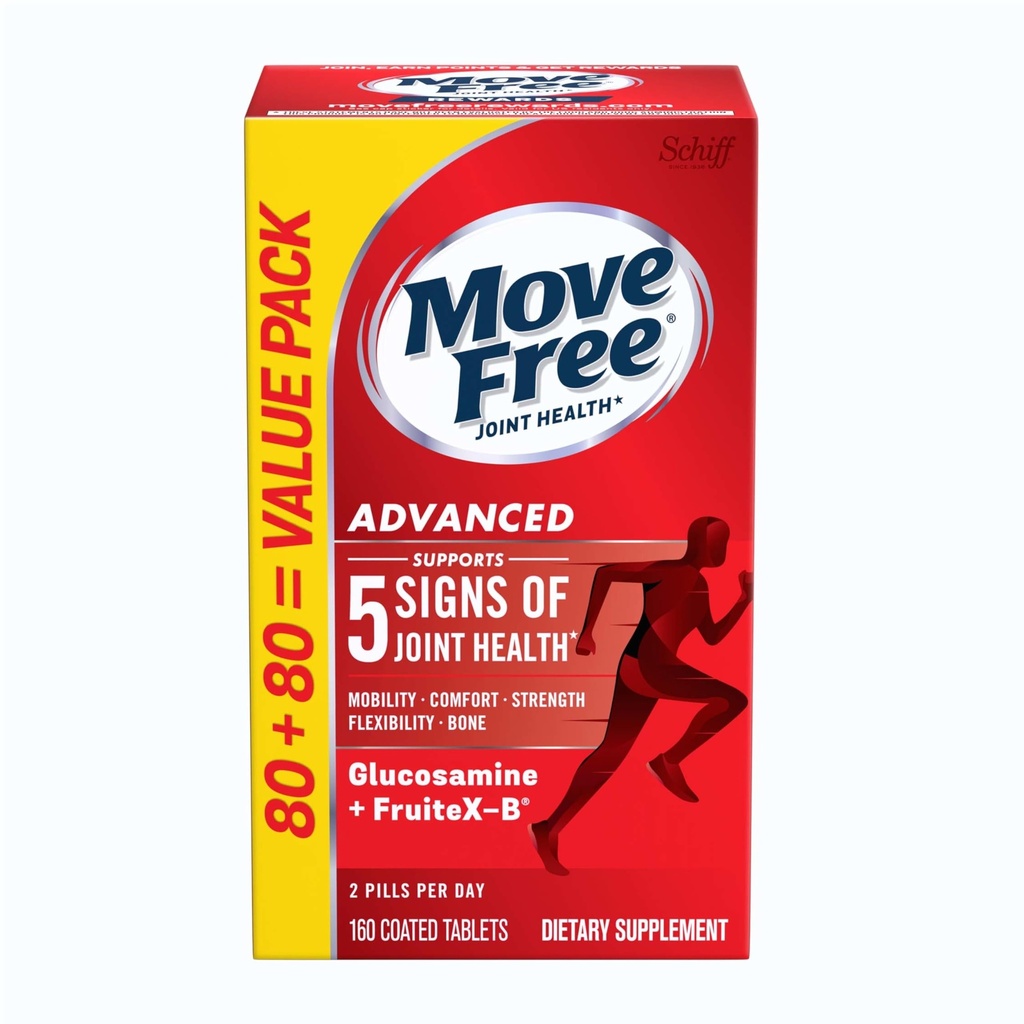Move Free Advanced Glükoosamiin Kondroitiin + Kaltsium Fruktoboraadi ühine tugilisa, toetab mobiilsust Mugavus Tugevus Paindlikkus & Luu - 160 tabletti (80 portsjonit) *