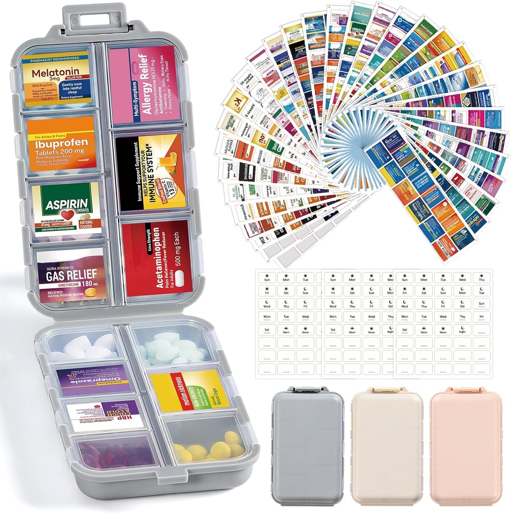 3 Pack 14 Grids Travel Pill Korraldaja Karp 415-Pcs Ravimi nimesildid - Tasku Daily Pharmacy Case Container Kit - Reisiravimite hoidja Fish Oil Vitamin Supplement Hoidla