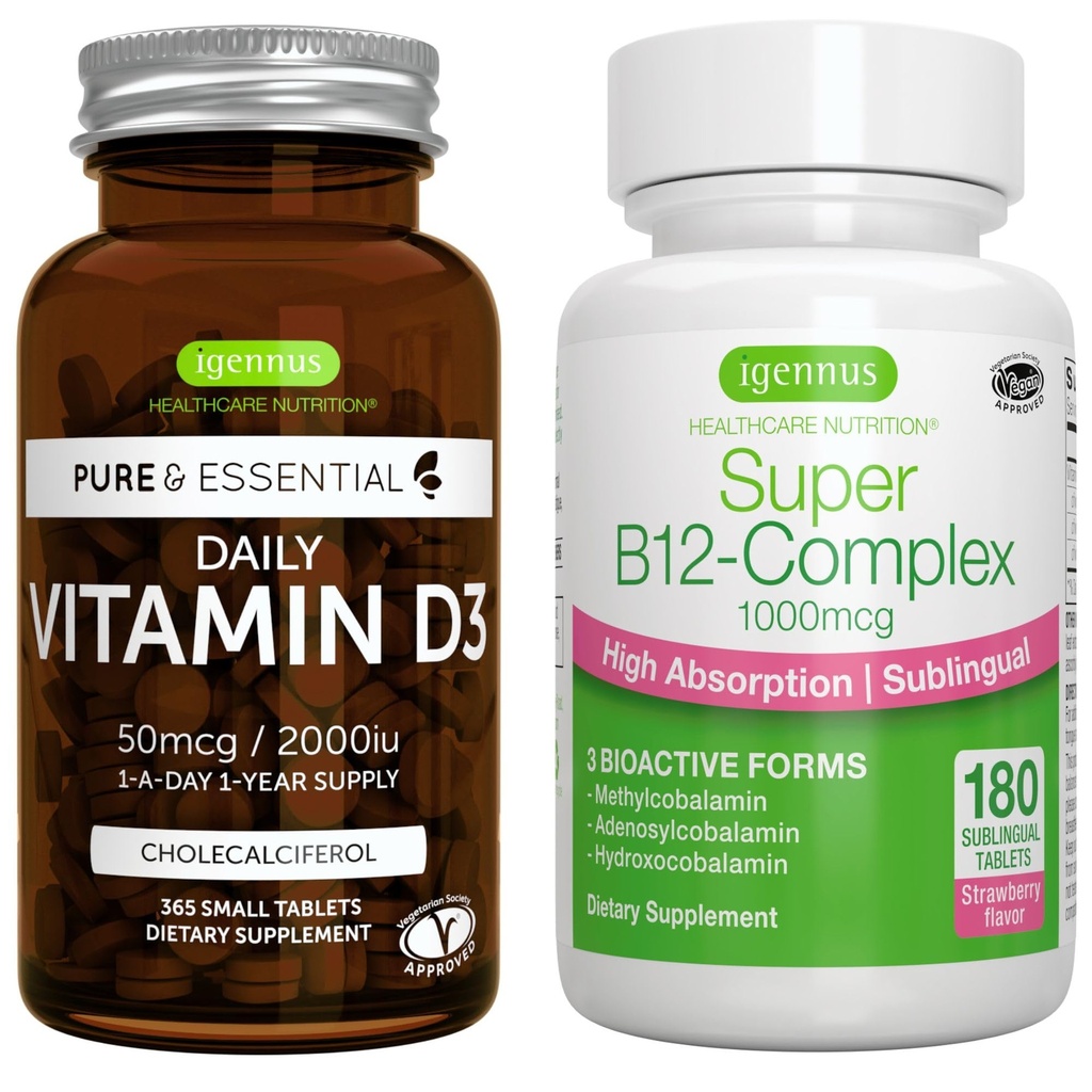 Igapäevane D3-vitamiin + Super B12-kompleks, taimetoitlane komplekt, 365 2000iu D3-vitamiini tabletid + kõrge imendumisega sublingvaalne B12, Igennus