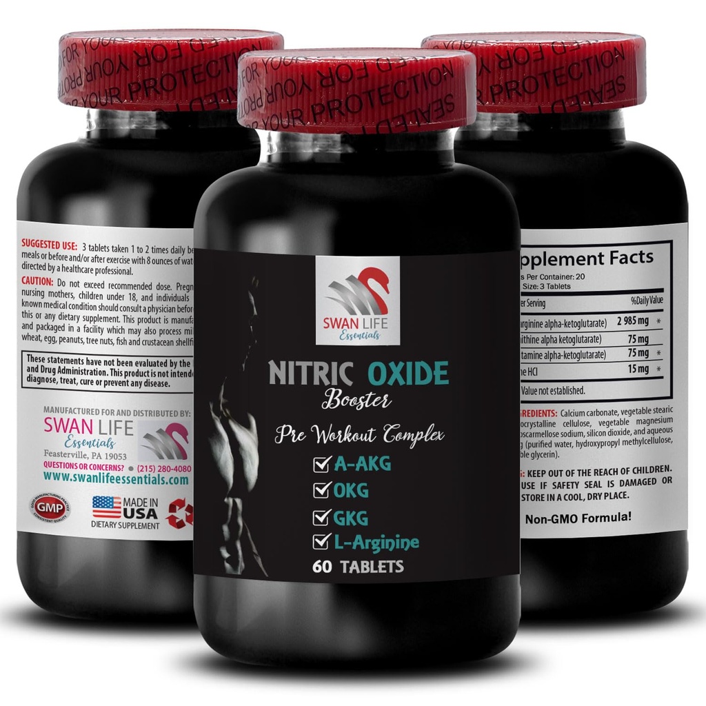 GKG - NITRIC OXIDE BOOSTER - nitric oxide supplements for men, exercise support, fitness blend, power focus, workout recovery, energy booster, pump mix, training support, performance 1 Bottle 60 Tabs