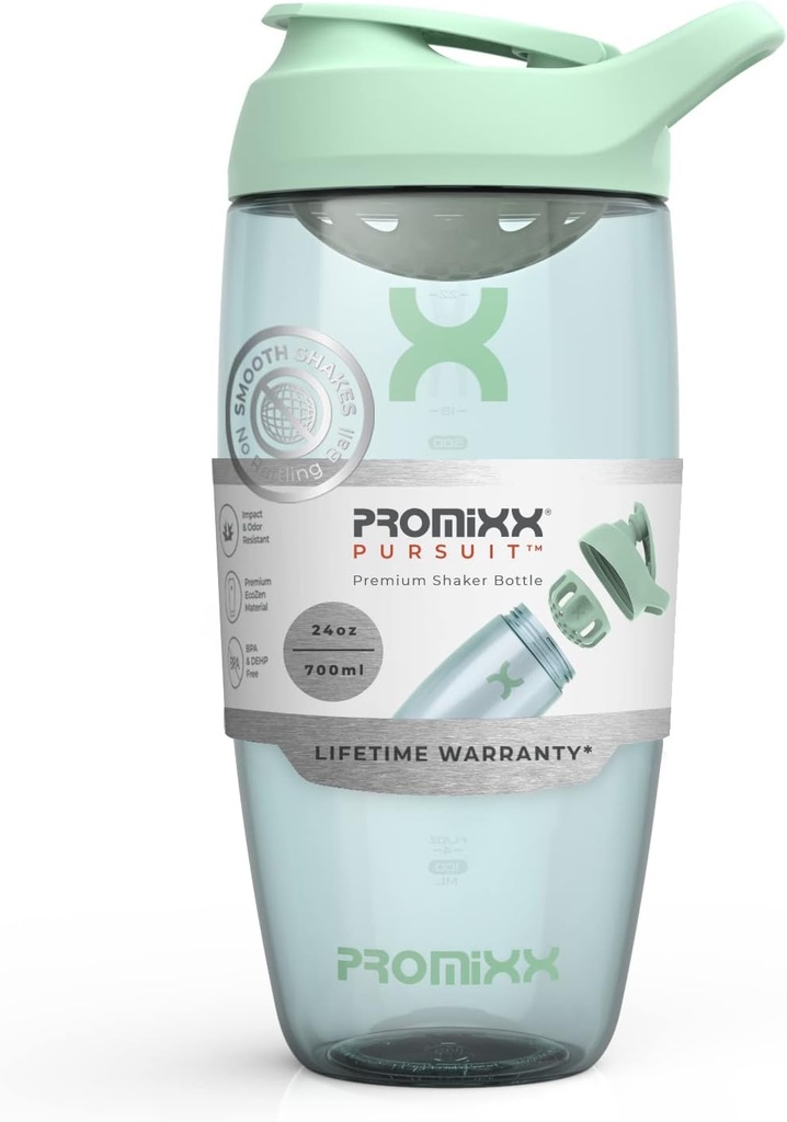 Promixx Pursuit Protein Shaker Bottle (24 oz) – Silent No-Ball Mixer, Leak-Proof Lid, BPA/BPS & Phtalaat-Free ECOZEN – Easy-Clean Shaker Cup for Protein Shakes, Pre & Post-Workout Smoothies