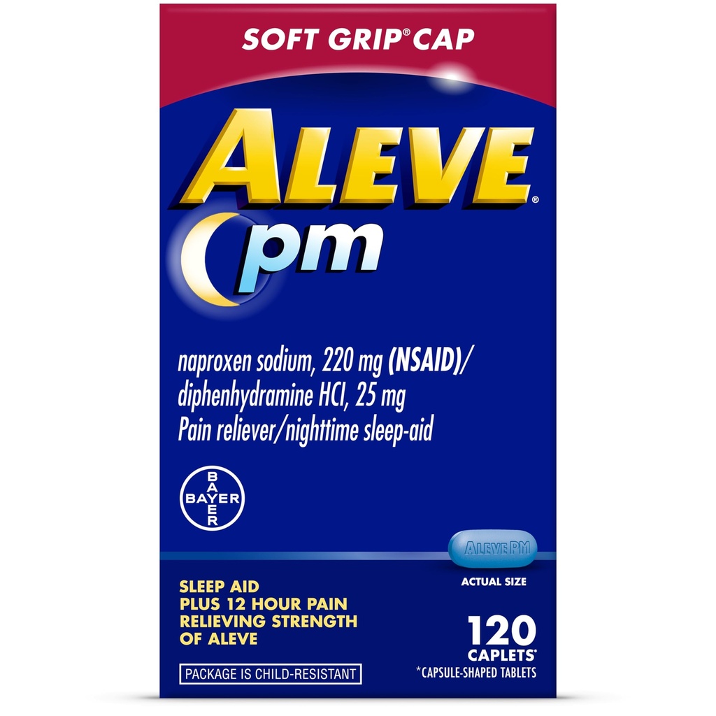 Aleve PM Sleep Aid Plus Pain Reliever Caplets, Naproxen Naproxen Naatrium & Difenhüdramiin HCl, Öösel, 120 Count