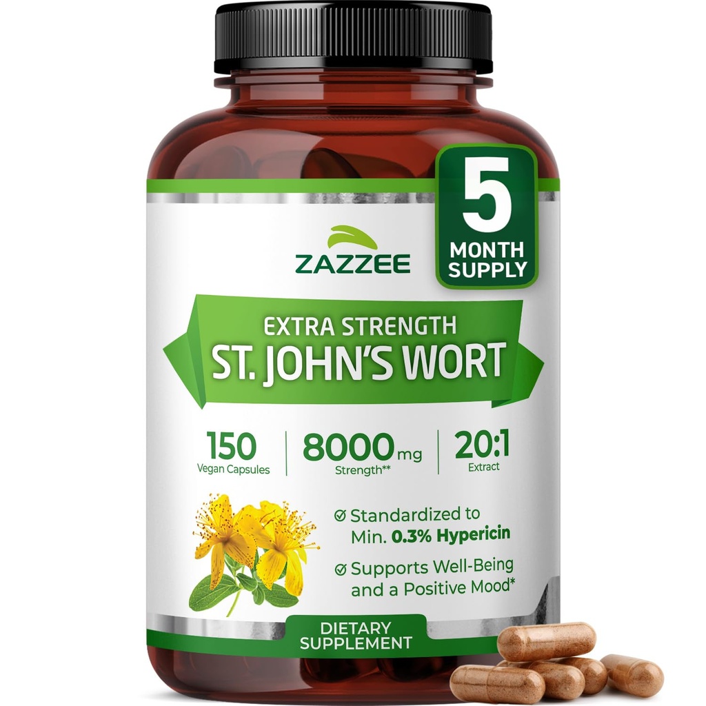 Zazzee ekstra tugevus naistepuna 20: 1 ekstrakt, 8000 mg tugevus, 0, 3% hüperitsiin, 150 vegankapslit, 5 kuu pakkumine, kontsentreeritud, standardiseeritud 20X ekstrakt, 100% taimetoitlane, mitte-GMO, kõik-looduslik