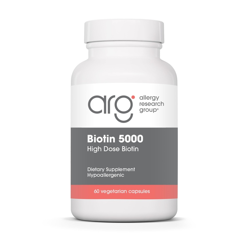 Allergia uurimisrühm Biotin 5000 Supplement - 5000mcg Biotin, vitamiinid juustele, nahale ja küüntele, suur annus, taimsed kapslid, hüpoallergeenne, Gluteenivaba - 60 Count