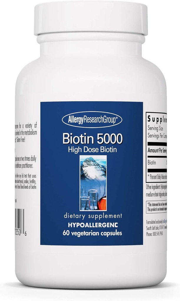 Allergia uurimisrühm Biotin 5000 Supplement - 5000mcg Biotin, vitamiinid juustele, nahale ja küüntele, suur annus, taimsed kapslid, hüpoallergeenne, Gluteenivaba - 60 Count
