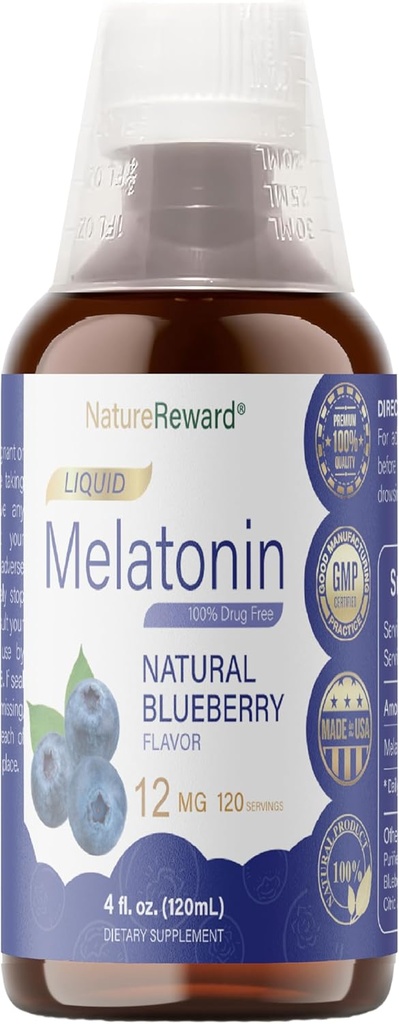 Melatoniin 12mg | 4 fl oz Vedelik |120 Servings | Mustikamaitse | täiskasvanutele | Mitte-GMO, taimetoitlane täiendus