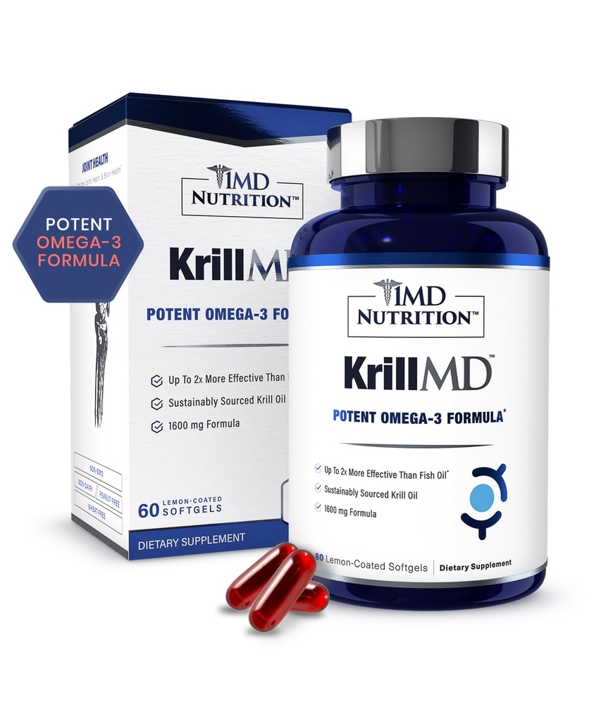 1MD KrillMD - Antarktika krillõli Omega 3 täiendus astaksantiiniga, EPA, DHA | 2X efektiivsem kui kalaõli | 60 Softgels