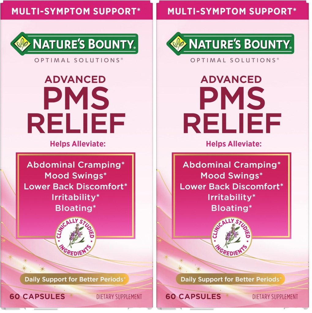 Nature's Bounty Optimal Solutions Advanced PMS Relief for Menstrual Cycle Support, PMS Support Supplement for Women, Bloating Relief – Chasteberry, Hormone-Free, 60 Vegetarian Capsules (Pack of 2)