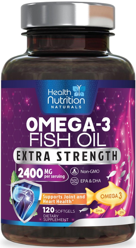 Omega 3 kalaõli 2400 mg - kolmekordne tugevus omega3, EPA & DHA rasvhapete lisand - looduslik toetus immuunsusele, südamele ja aju tervisele - looduslikult püütud, mitte-GMO, sidruni maitse, Burpless - 120 Softgels