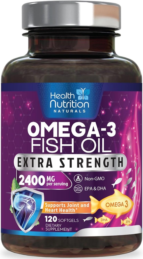 Omega 3 kalaõli 2400 mg - kolmekordne tugevus omega3, EPA & DHA rasvhapete lisand - looduslik toetus immuunsusele, südamele ja aju tervisele - looduslikult püütud, mitte-GMO, sidruni maitse, Burpless - 120 Softgels