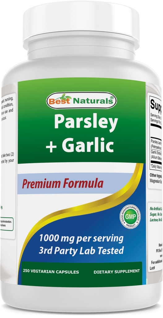 Parim looduslik petersell ja küüslauk 1000 mg ühe serveeritava 250 taimekapsli kohta. Gluteenivaba ja geneetiliselt muundamata.