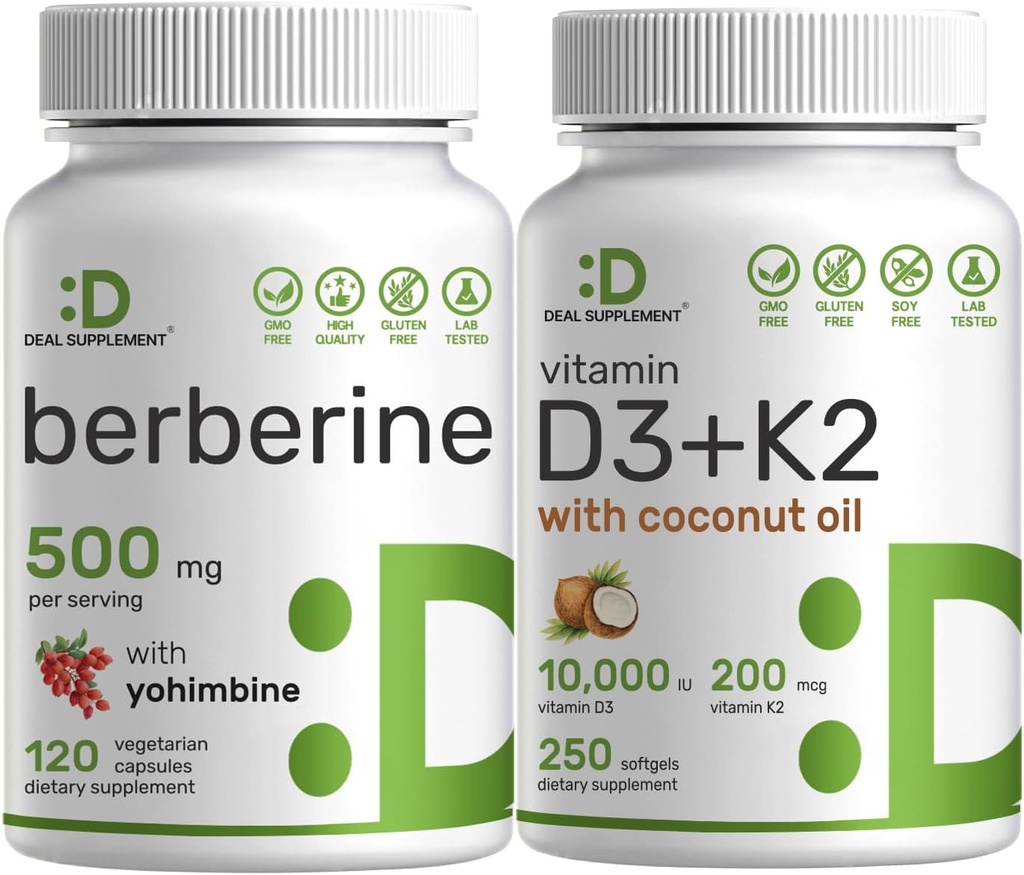 DEAL TARNIMINE Vitamiin D3 10 000iu + K2 200mcg Softgels & Berberine Supplement koos Yohimbine Bundle - Essential Sunshine Vitamiinid kookosõli - kõrge imendumise vesinikkloriid HCl vormid