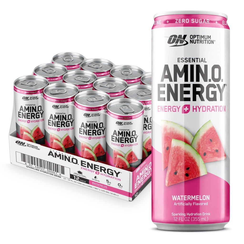 Optimaalne toitumine Amino Energy Sparkling Hüdrastusjook, elektrolüüdid, kofeiin, aminohapped, BCAA-d, suhkruvaba, arbuus, 12 Fl Oz, 12 Pack (pakendamine võib varieeruda)
