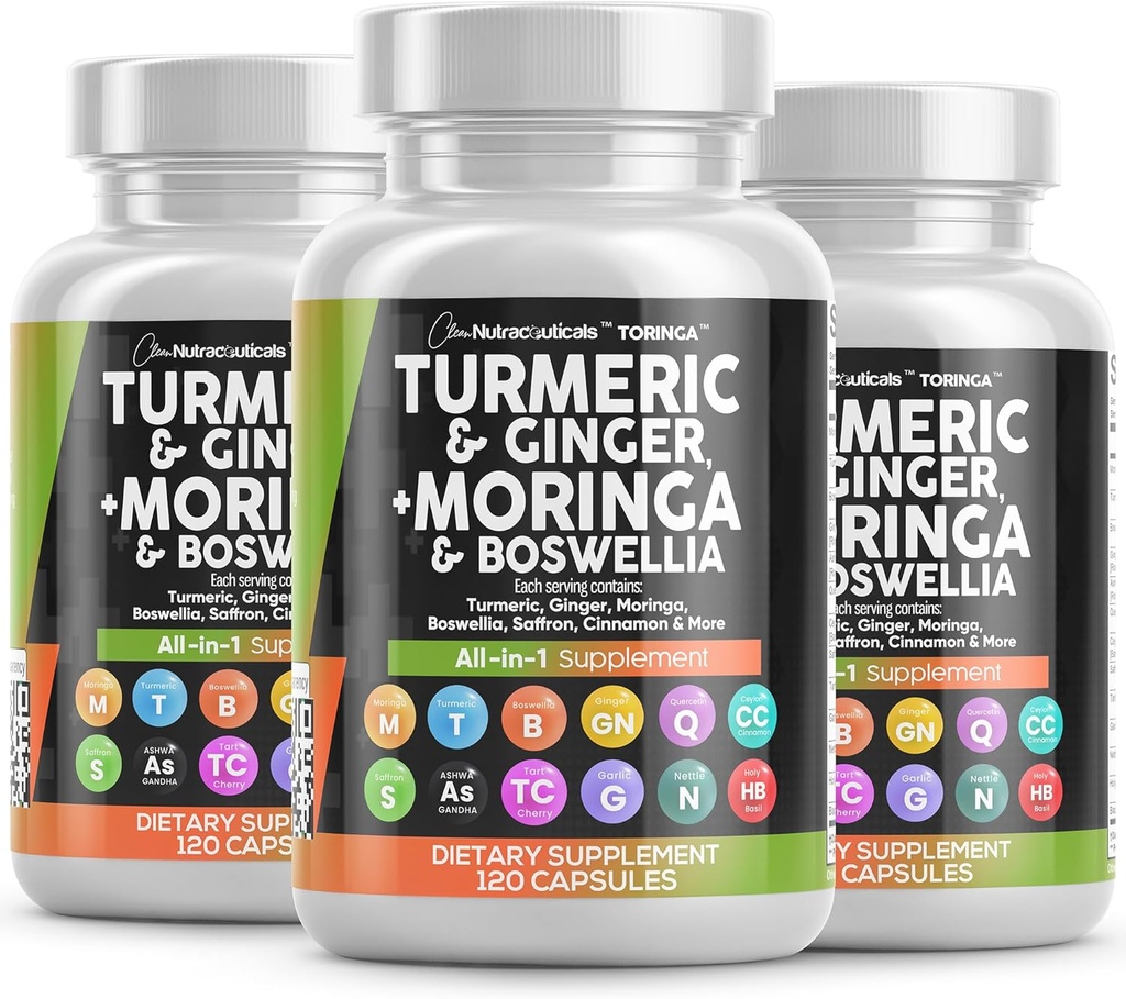 Kurkum Moringa Täiendus | Ginger Boswellia Saffron - Täiendus naistele ja meestele Tseiloni kaneeli, Tart Kirsi, Quercetin Küüslauk Nõgese Püha Basiilik - 3Pack