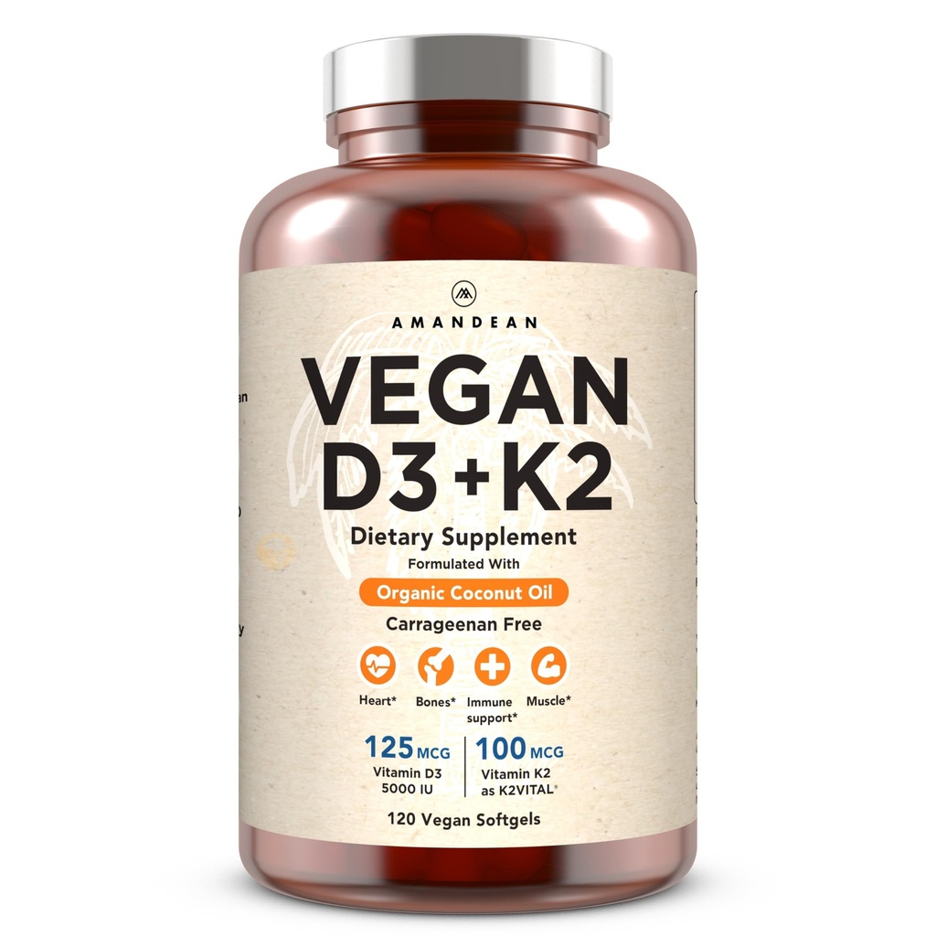 AMANDEAN Vegan Vitamiin D3 K2. 5000 iu vetikatest. All-Trans MK-7. 120 Softgels. Taimepõhine ja karrageenivaba orgaaniline kookosõli segu. meeleolu, luude, südame, immuunsüsteemi tervise jaoks (pakendamine võib varieeruda)