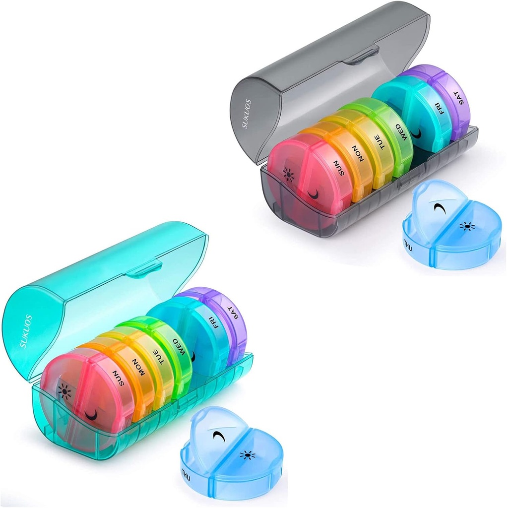 2 Pack Weekly Pill Korraldaja 7 päeva 2 korda päevas, Sukuos Suured igapäevased pillid pillid / Vitamiin / Kalaõli / toidulisandid, BPA tasuta pillide karp, lihtne puhastada