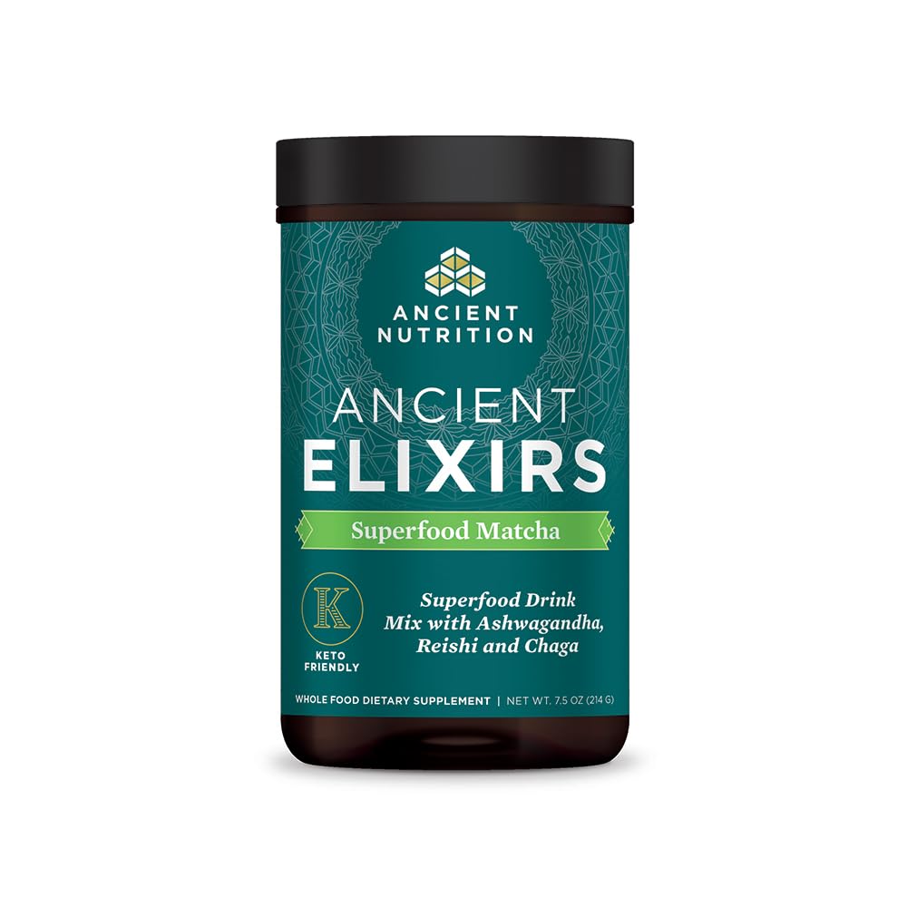Matcha rohelise tee pulber koos Ashwagandha iidse toitumisega, Ancient Elixirs Superfood Matcha energiapulber, MCT-dega, edendab tervislikku energiataset, Paleo ja Keto sõbralik, 20 serveerimist