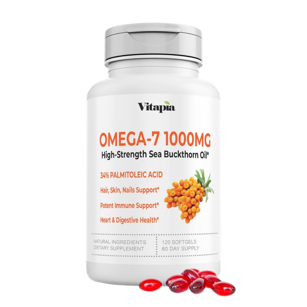 Vitapia Omega 7 Sea Buckthorn Berry Oil 1000mg juustele, nahale, küüntele, südame tervise tugi - 34% Palmitoleic Acid & Natural Omega 3 6 9 Rasvhapete täiendus - 120 kapslit, Non-GMO, Gluteenivaba