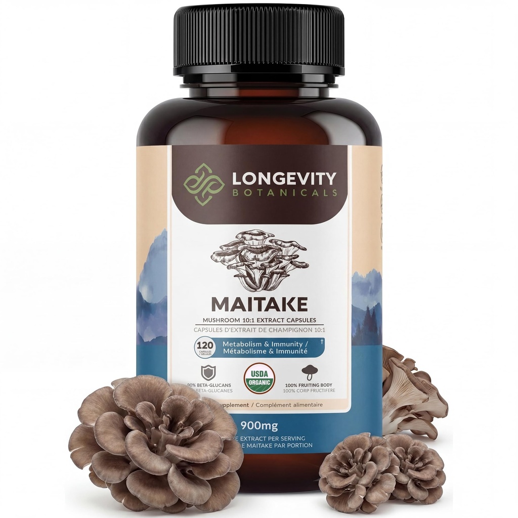 Pikaealisus Botaanika Orgaaniline Maitake Seeneekstrakti kapslid (120) | Kontsentreeritud 10: 1 suhe | 100% viljakehad | Grifola frondosa Natural Supplement soolestiku tervise ja immuunsuse toetuseks