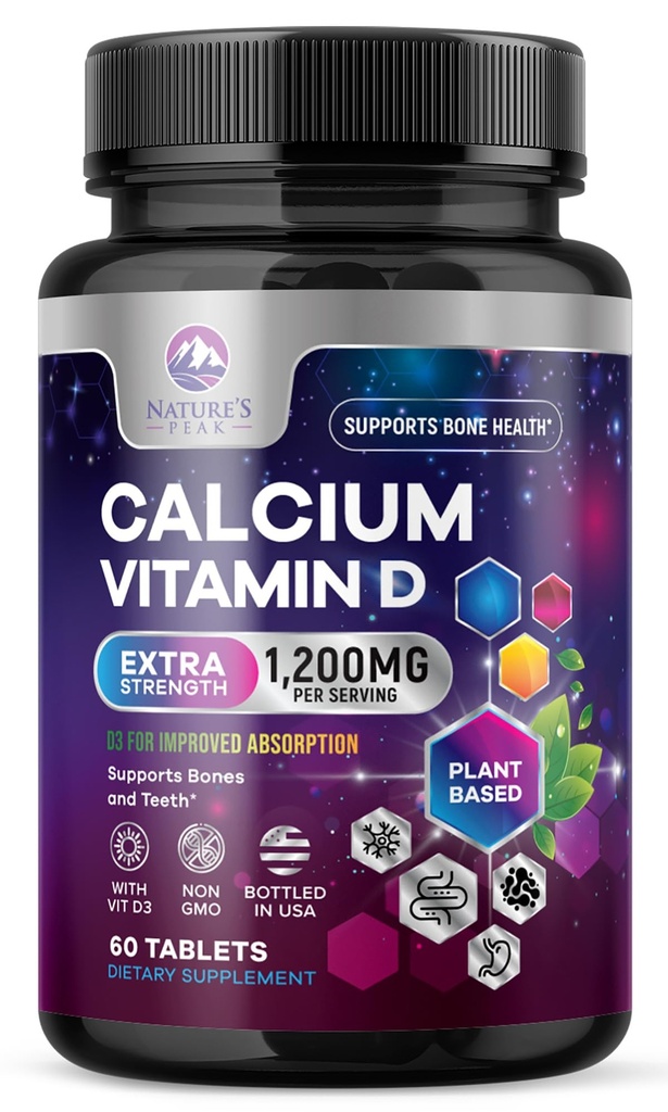 Kaltsium 1200 mg koos D3-vitamiiniga, kaltsiumilisandi vitamiinid, luu, hambad ja immuunsuse tervisetoetus, kaltsiumilisandid D-ga naistele ja meestele, looduse imenduv kaltsiumkarbonaat - 60 tabletti
