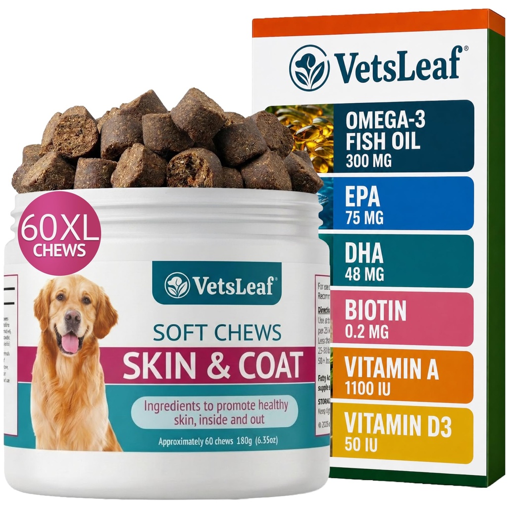 Dog Skin and Coat Supplement Chews - Omega-3 Fish Oil, EPA & DHA, Biotin, Vitamin A & D3 - Coat Shine, Skin Hydration, Shedding & Itch Relief - Made in USA - 60 Count