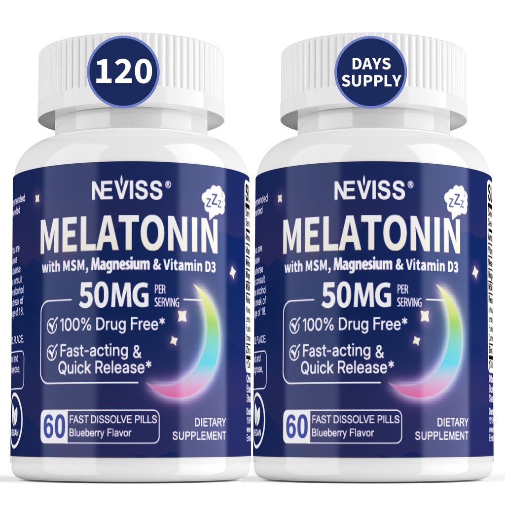 NEVISS melatoniin 50 mg täiskasvanutele - ekstra tugevus 9-in-1 kiire lahustamine sublingvaalne - suur annus magneesiumglütsinaadiga, vitamiin D3, ashwagandha, sidrunbalm, kummel, suhkruvaba, vegaan 120 tabletti