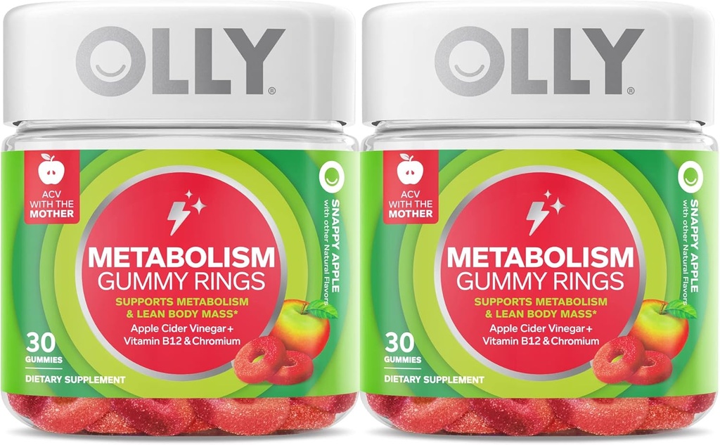 OLLY Metabolism Kummirõngad, Õunasiidri äädikas, B12-vitamiin, kroom, energia ja seeditav tervis, närimislisand, õunamaitse, kaksikpakend - 60 loend