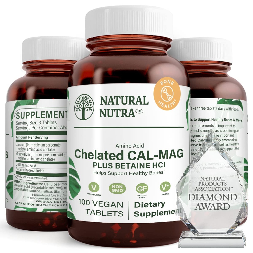 Natural Nutra Chelated Calcium Magnesium 1000/500 mg Supplements Plus Betaine HCL - Kelaaditud Cal Mag parandab luutihedust, toetab lihaseid, hambaid, südame-veresoonkonna ja närvide tervist, 100 vegan tabletti