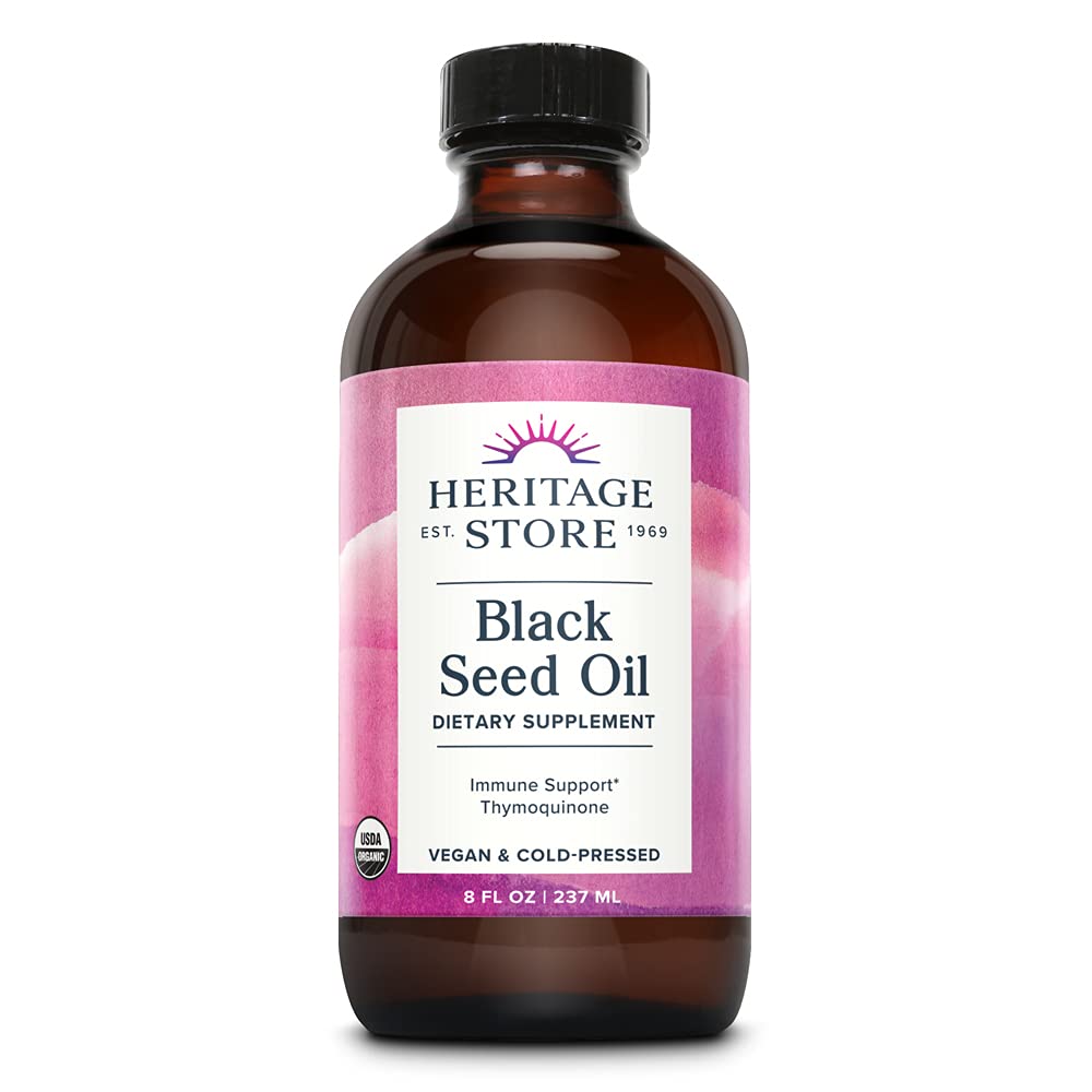 HERITAGE SÄILITA musta seemne õli, orgaaniline, külmpressitud Nigella Sativa lisand tümokinooniga, Omega 3 6 9, antioksüdant, immuunsus, kolesterool, seedetrakti, südame ja tervise tugi *, Vegan, 8oz