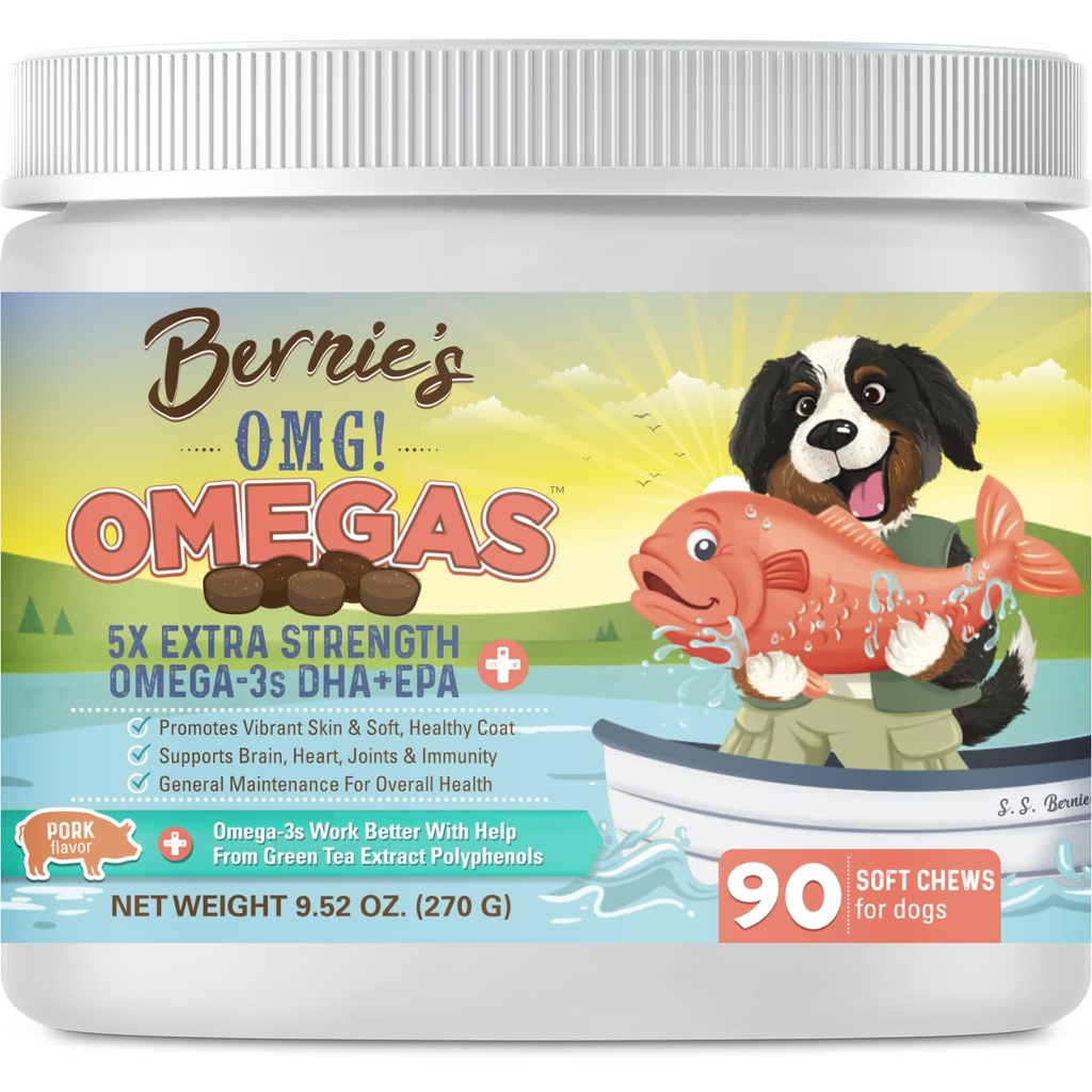 Bernie OMG! Omegas närib koertele - 5X ekstra tugevus DHA + EPA, kalaõli, tervislik nahk ja kate, allergia leevendamine, ühine lisand (sea maitse)