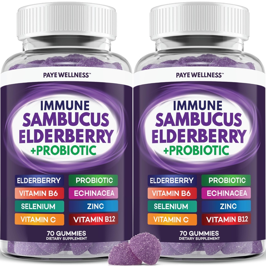 Elderberry Gummies Immune Support, Daily Support for Kids and Adults *, Sambucus Elderberry, Tsink, C-vitamiin, D3, B6, B12, Plus - Dietary Supplement - 140 Count