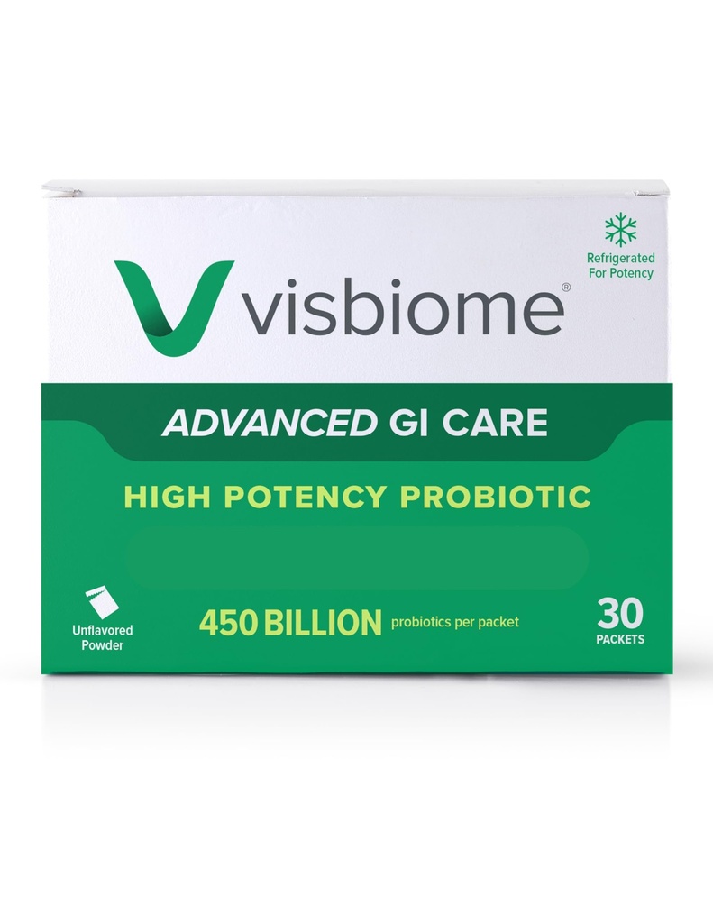 Visbiome® Advanced GI Care - kõrge potentsiaaliga probiootiline 450 miljardit tugevust - 30 pakendit maitsestamata pulber - originaalne De Simone koostis - tarnitud külm ringlussevõetavas jahutis koos temperatuuri jälgimisega.