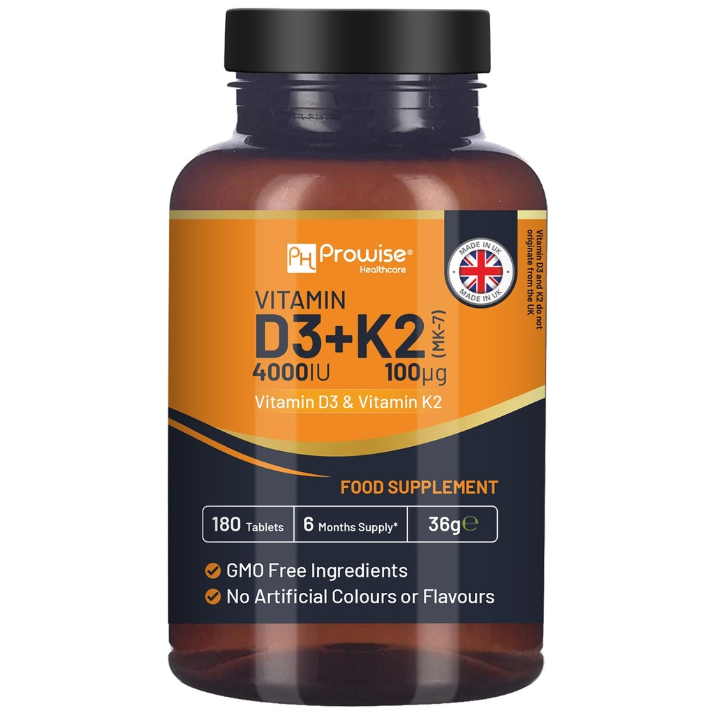 Vitamiin D3 4000IU & K2 MK7 100μg Taimetoitlased Tabletid I 180 (6 kuud tarne) I Kergesti neelata toidulisand immuunsüsteemi toetuseks, kaltsiumi Boost, luu ja lihased I valmistatud Suurbritannias Prowise Healthcare