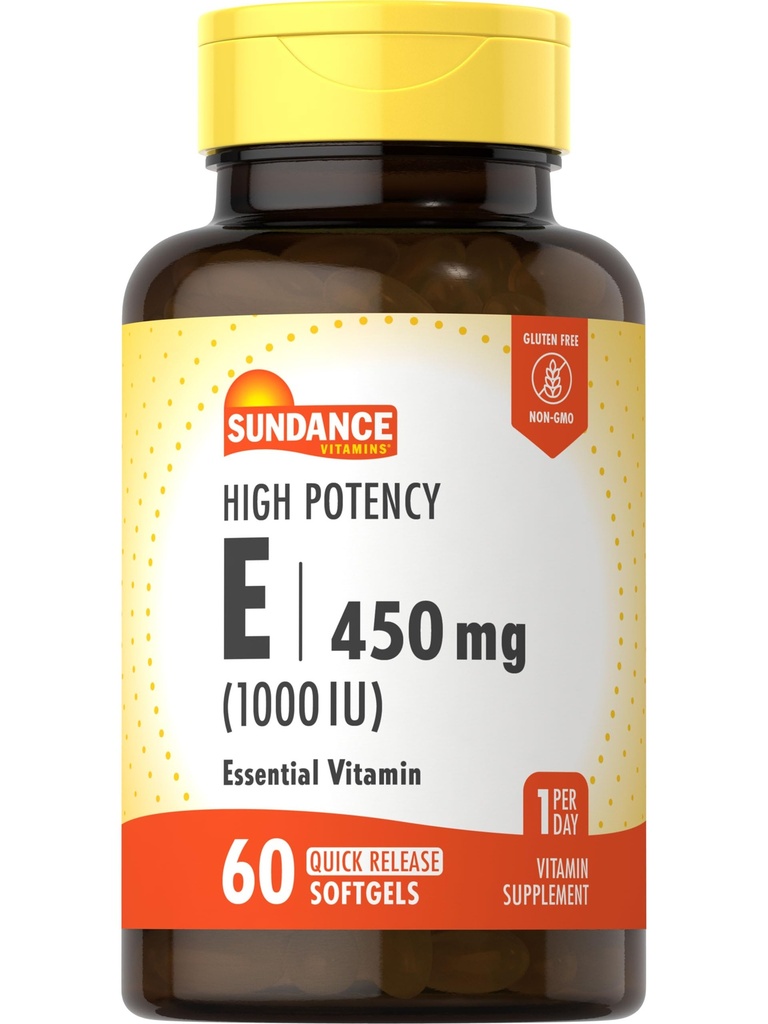 Sundance Suure tugevusega E-vitamiin | 450mg (1000 RÜ) | 60 softgels | Essential Vitamin Supplement | Non-GMO ja Gluteenivaba valem