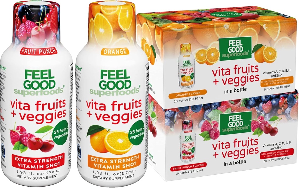 FeelGood Superfoods Vita Puuviljad ja Köögiviljad Immune Shot Supplements, 25 Mahepõllumajanduslikud Puu- ja Köögiviljad, Valmis Joomiseks Immunity Booster, Apelsin ja Puuvilja Punch Maitse, Combo Pack 20
