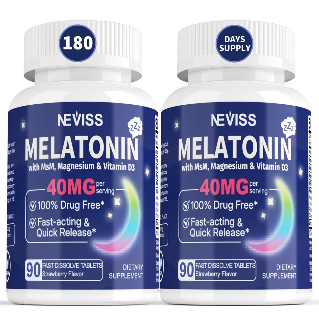 Melatoniin 40 mg täiskasvanutele - kiire lahustuv ja näritav keelealune unelisand - ekstra tugev melatoniin D3-vitamiini ja MSM-iga, seleen tervisliku puhkuse tsükli jaoks, sügavad Zzzid, suhkruvabad, 180 serveerimist