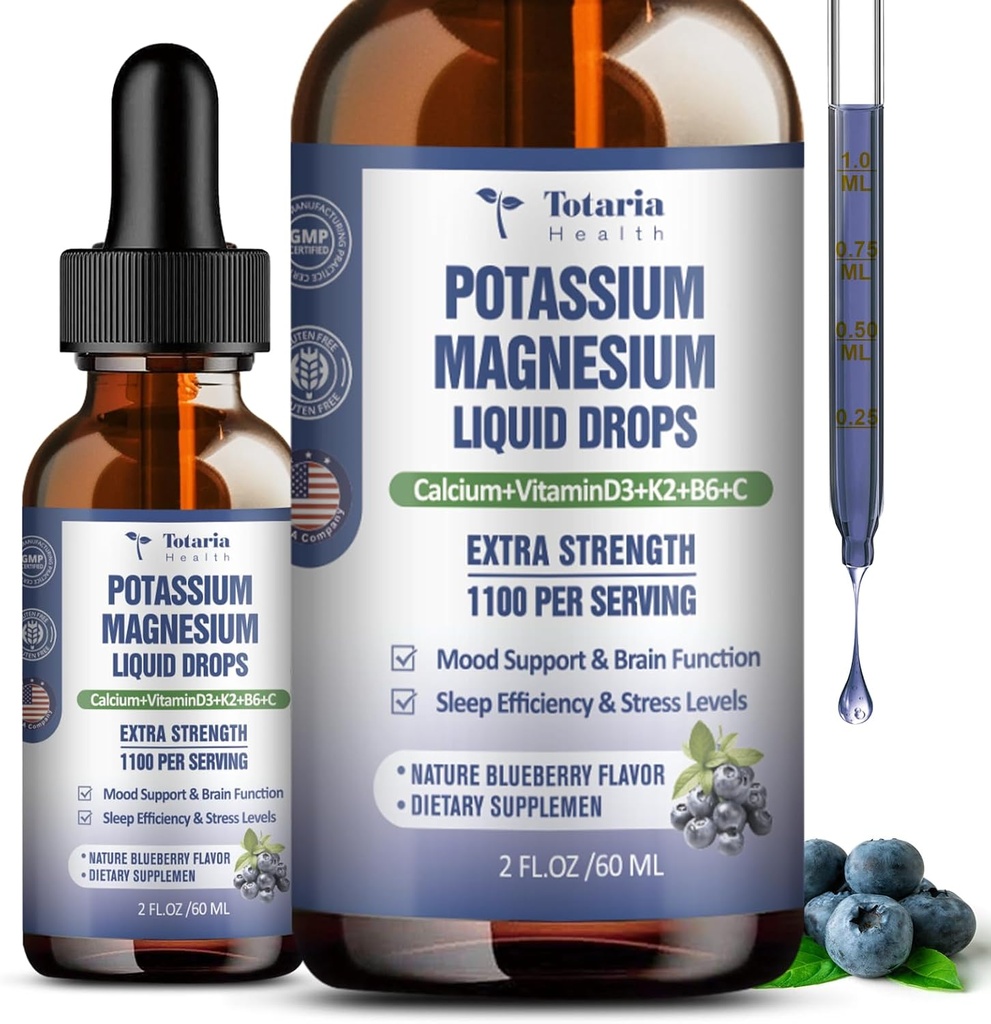 (2 pakendit) Kaalium Magneesiumlisandi Vedeliktilgad - 200mg Kaalium & 600mg Kolmikkompleks Magneesium Glütsinaat Vedel tsitraatõli Kõrge neeldumine Potasio Toetus Luu, Lihased, Jalakrambid
