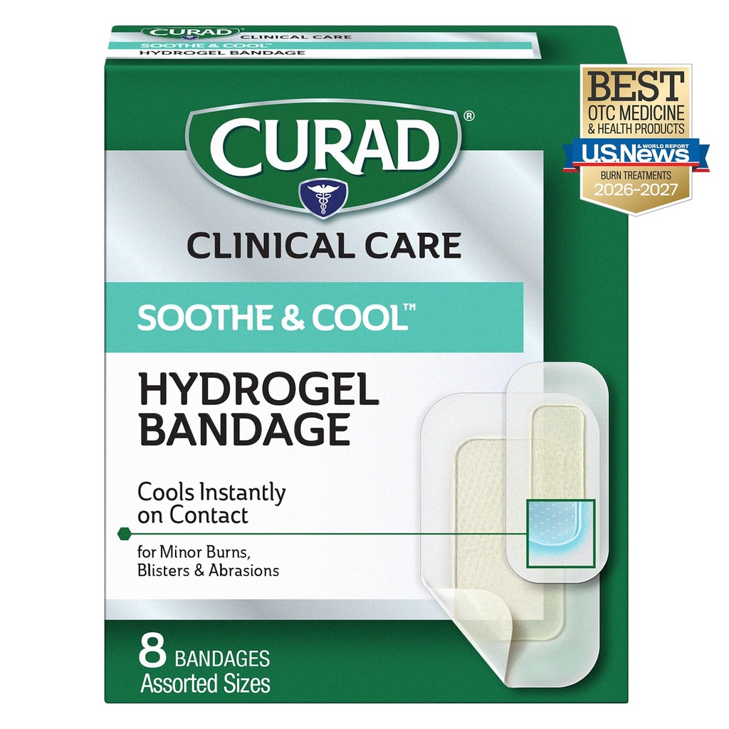 CURAD Soothe & Cool Clear Waterproof Hydrogel Bandages, Assorted Sizes | 8 Count, Sterile Wound Dressings, Cooling Burn & Blister Bandages, Transparent Waterproof Protection, Fast Healing Skin Care